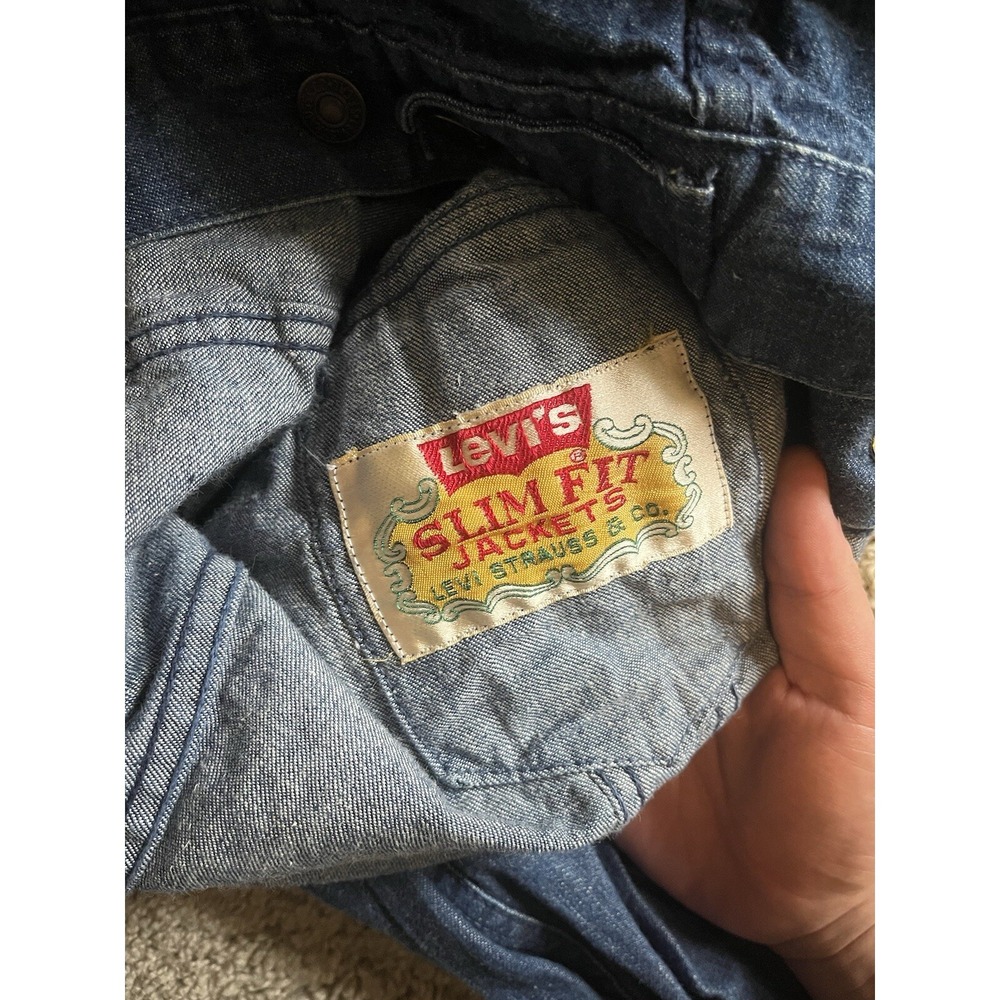 Vintage Levi's White Tab Slim Fit Indigo‎ Dark Wash Trucker Jacket Mens Small - Picture 6 of 9